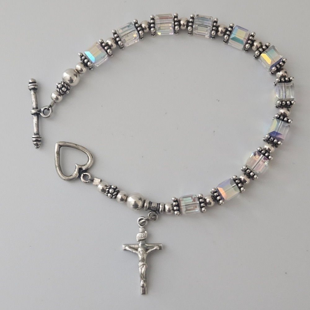 Sterling Silver Faceted Crystal AB Bracelet Crucifix Charm Toggle Clasp 7.5" - Picture 3 of 10